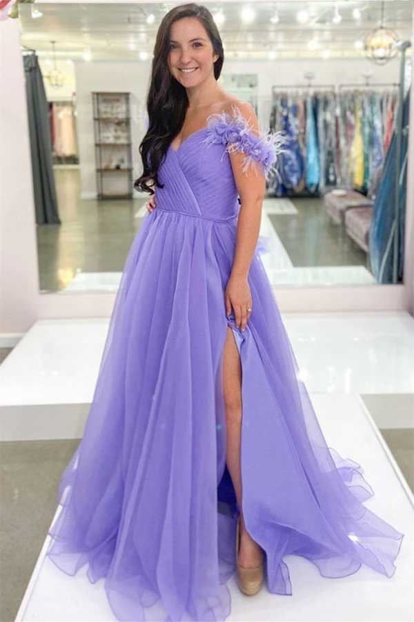 A Line Off the Shoulder Purple Tulle Long Prom Dress with Slit, Evening Dresses OM0020