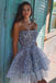 A line Strapless Blue Tulle Sequined Short Prom Dresses, Homecoming Dresses OMH0014