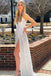 Sexy Sequins Lavender Silver Spaghetti Straps V Neck Prom Dresses with Slit OM0076