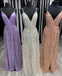 Sexy Sequins Lavender Silver Spaghetti Straps V Neck Prom Dresses with Slit OM0076