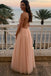 Simple A Line Backless Pink Lace Long Prom Dresses Floor Length Tulle Evening Gown OM0110