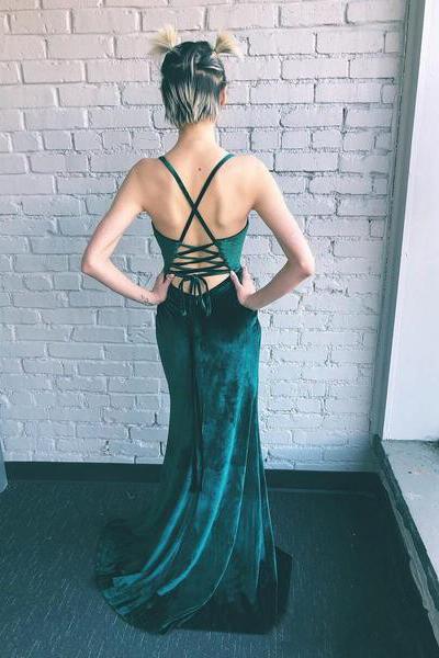 Sheath Emerald Green Spaghetti Straps Long Simple Prom Dresses with Slit PDI61