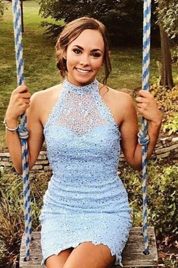 Light Blue Lace Beaded Tight Homecoming Dresses, Sexy Sheath Short Cocktail Dress PPD29
