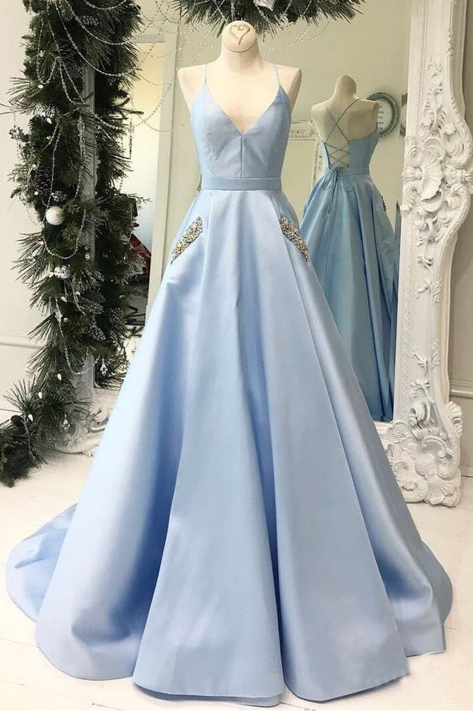 Simple Spaghetti Straps Sky Blue Satin Long Prom Dresses with Pocket PDN77