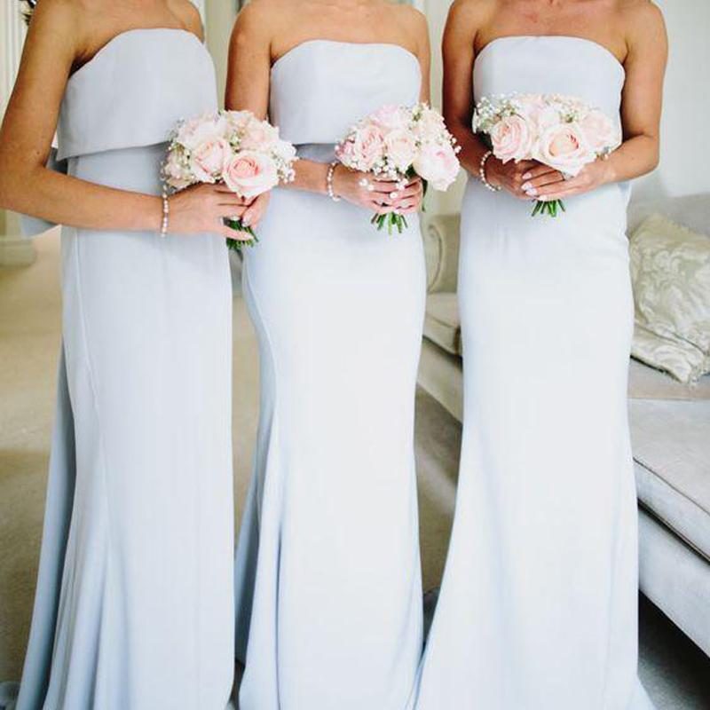 Simple Strapless Grey Satin Cheap Long Bridesmaid Dresses PDI44
