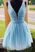 Sky Blue Beaded Backless Homecoming Dresses, Short Graduation Dress PDO10