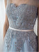 Sky Blue Formal Long Lace Appliqued Gray Tulle Prom Dresses Cheap Quinceanera Dresses PDP2
