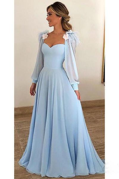 Light Blue A Line Long Chiffon Prom Dresses with Sleeves Modest Forma Evening Dress PDH42