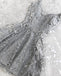 A line Silver Spaghetti Straps V Neck Short Mini Prom Dresses, Homecoming Dresses OMH0017