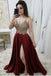 Spaghetti Strap A Line Maroon Long Beaded Prom Dresses with Slit and Gold Lace PDI29