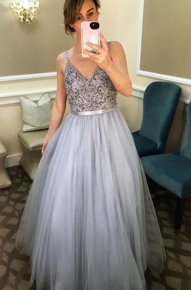 Spaghetti Straps V Neck Tulle Dress for Prom Dresses with Beaded PDO1