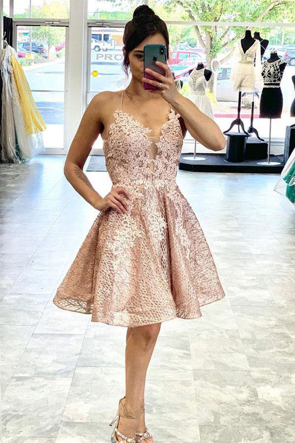 Lace V Neck Sleeveless Short Prom Dress, Homecoming Dresses with Appliques OMH0018