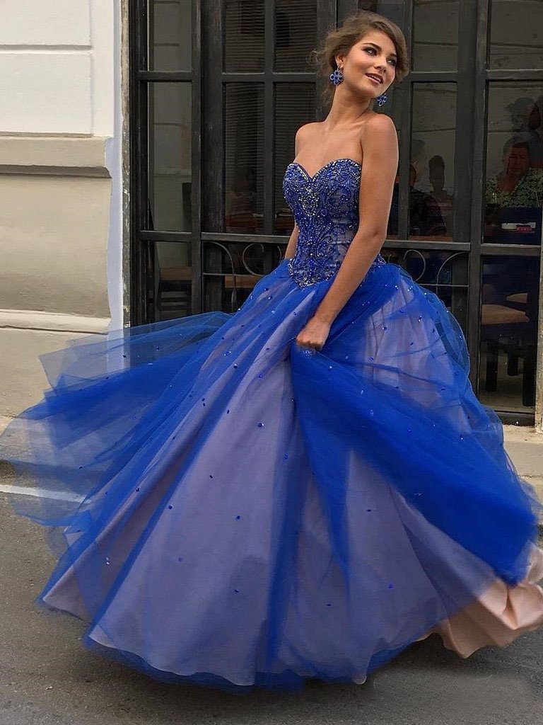 Strapless Royal Blue Prom Dresses Sweetheart Ball Gowns PDO97