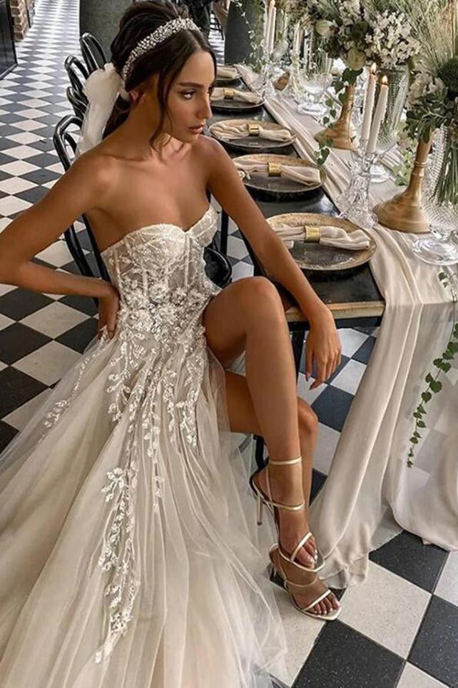 Strapless White Appliques Wedding Dress with Slit