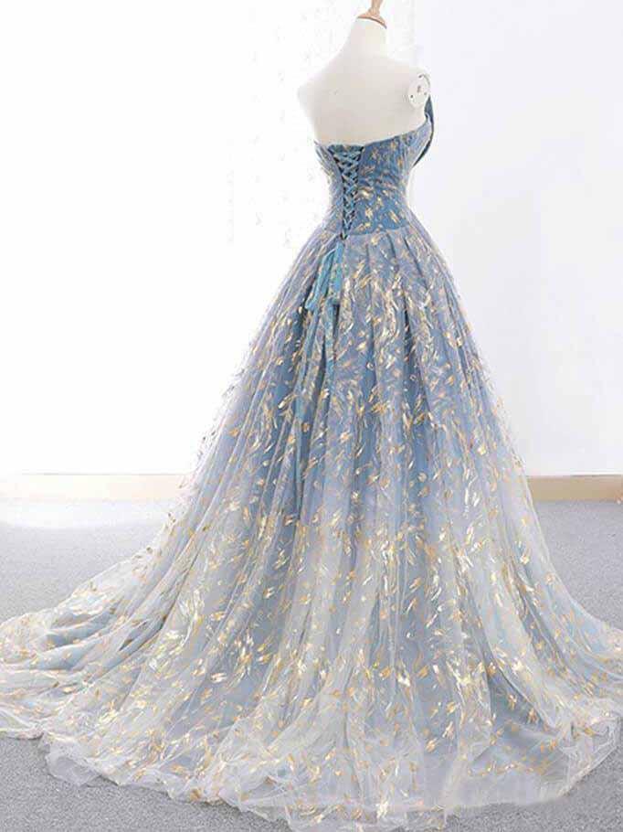 Blue and Gold Lace Ball Gown Prom Dresses, Sweet 16 Princess Quinceanera Dress PDH63