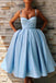 Tea Length Sky Blue Prom Dress with Pocket Spaghetti Straps Simple Graduation Dress PDN81