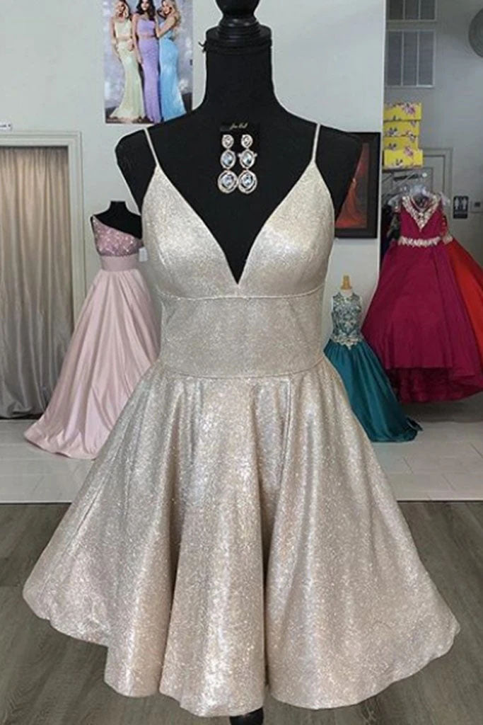 Sparkly Spaghetti V Neck Short Prom Homecoming Dresses, Sweet 16 Cocktail Dresses SK43