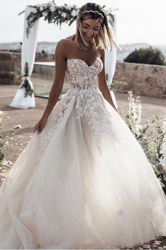 A Line Sweetheart Long Cheap Tulle Wedding Dresses with Lace Appliques PPD81