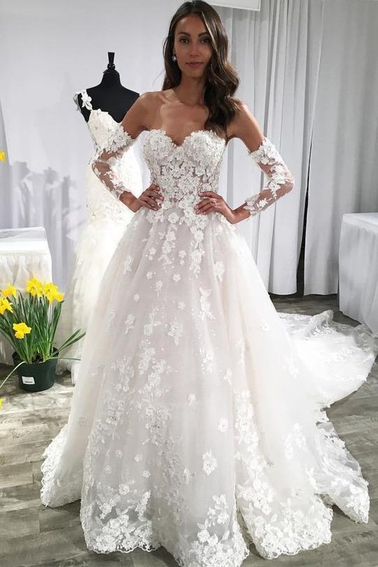 Long Sleeves Ivory Lace Appliques Backless Long Wedding Dress with Train PDF23