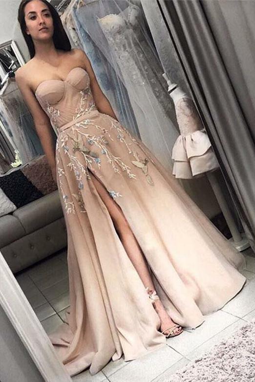 Elegant Sweetheart Long Split Prom Dress with Appliques A Line Evening Dress PDH30
