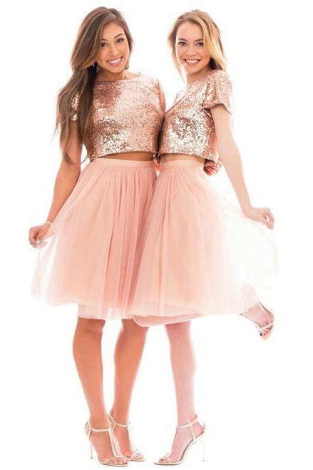 Two Piece Pink Bridesmaid Dresses Short Sleeve Knee Length Wedding Guest Dresses PDO21