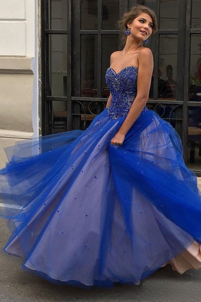 Strapless Royal Blue Prom Dresses Sweetheart Ball Gowns PDO97