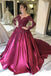 Long Sleeves Lace Appliques Burgundy Court Train Ball Gown Prom Dresses PDS8