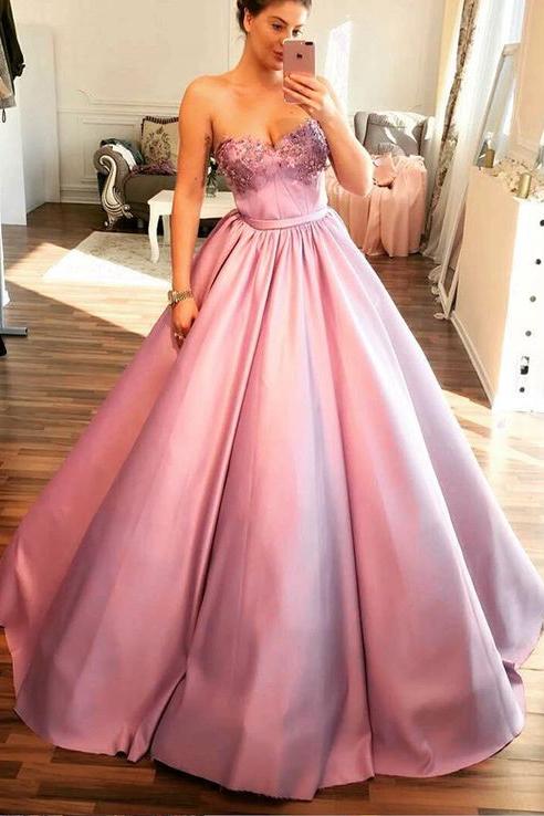 Unique Pink Sweetheart Modest Ball Gown Prom Dress With Beading PDF65