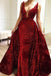 Burgundy Sequins Long V Neck Prom Dresses Lace Evening Dresses PDP1