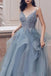 Deep V Neck Appliqued Spaghetti Straps Multi-Layered Organza Blue Bridal Dresses PDS11