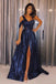 A-Line One-Shoulder Navy Blue Sequined Cheap Prom Dress with Split PDJ29
