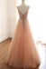 A Line Lace Up Back Spaghetti Straps Evening Dresses Coral Tulle Sequins Prom Dresses PDS15