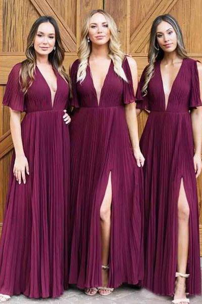 V Neck Short Sleeve Burgundy Long Bridesmaid Dresses Side Slit PDO20