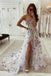 A line Sweetheart Champagne Purple Floral Long Tulle Prom Dresses with Slit OM0030