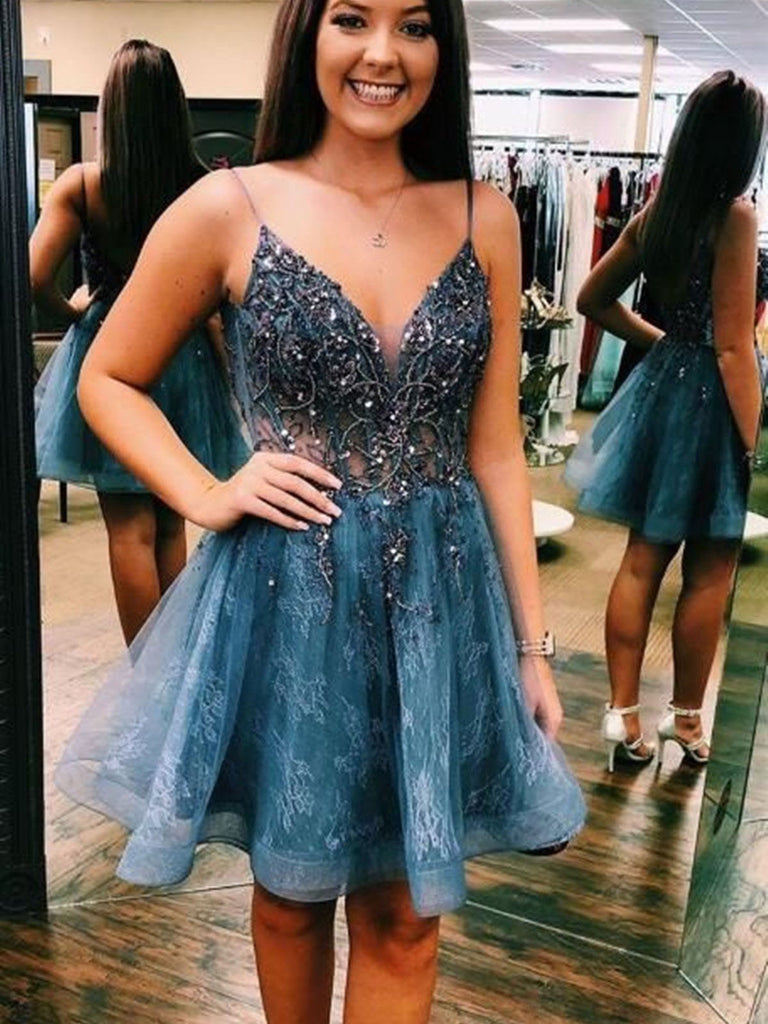 A line Spaghetti Straps Blue Short Prom Dresses with Appliques Beads Homecoming Dress OMH0021