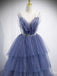 Elegant Blue V Neck Spaghetti Straps Tulle Long Beading Prom Dresses with Layers OM0024