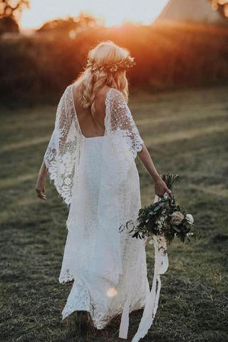 Ivory Wedding Dresses with Batwing Sleeve Lace Backless Bridal Dresses PDN89