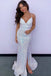 White Sequins Mermaid V Neck Long Prom Dresses, Lace up Evening Dresses OM0117