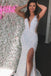 Glitter White Sequins Mermaid V neck Long Dress Prom Dress, Slit Evening Dresses OM0097