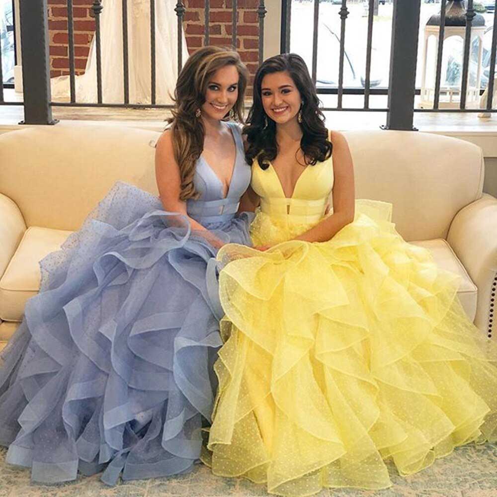 Unique A line Yellow Multi-layered Polka Dot Organza Long Prom Dresses OM0079