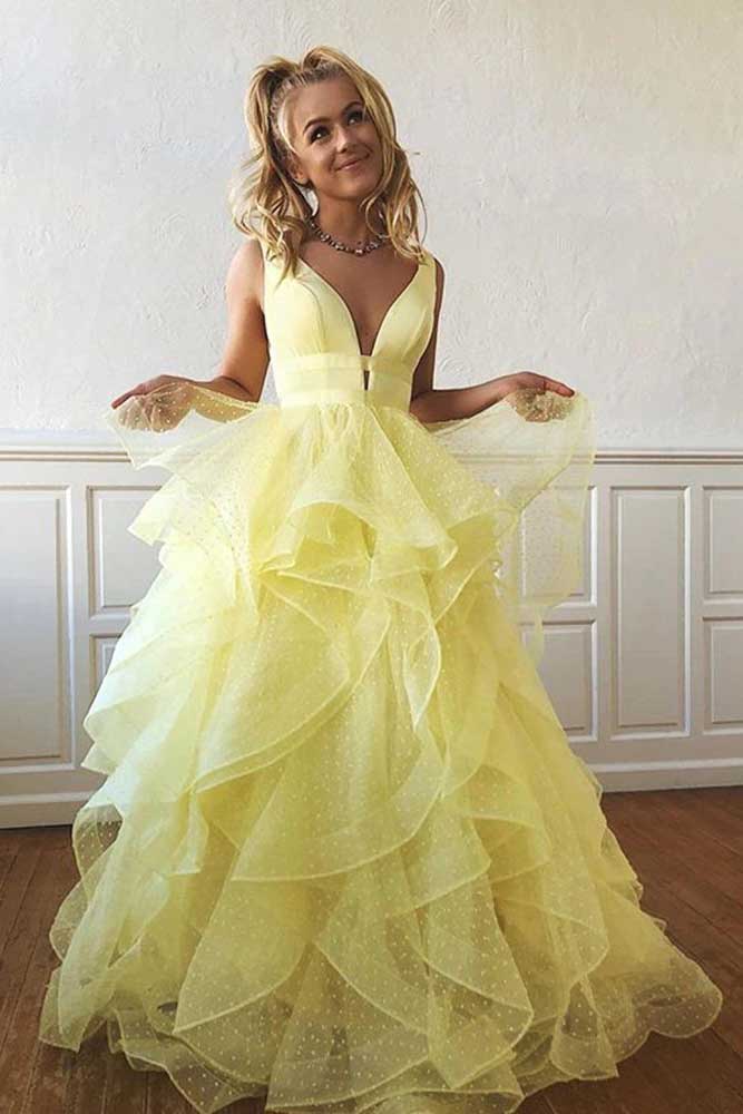 Unique A line Yellow Multi-layered Polka Dot Organza Long Prom Dresses OM0079