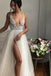 Sexy A-Line V-Neck Floor Length Ivory Prom Dress with Beading Split PDJ8