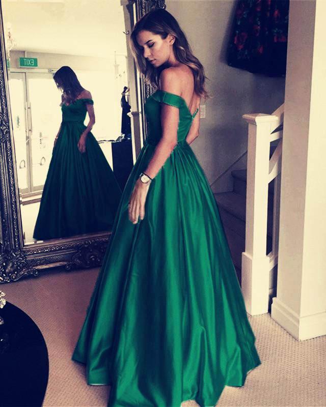 A Line Off The Shoulder Simple Green Long Cheap Prom Dresses With Pockets PDH21