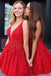 Red Lace Applique Beaded Homecoming Dresses V Neck Tulle Short Prom Dress PDO11