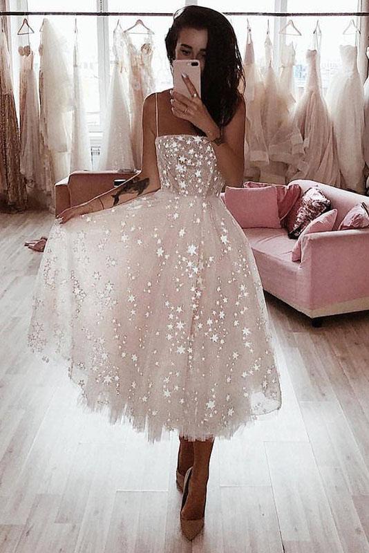 A Line Spaghetti Straps Tea Length Pearl Pink Prom Wedding Dress With Stars PDK73