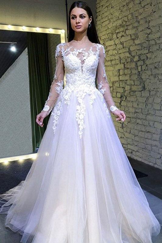 A Line Long Sleeves Round Neck Tulle Lace Appliques Wedding Dresses PDP73