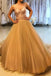 Pretty A-Line Spaghetti Straps Tulle Gold Long Prom Dresses PDH7