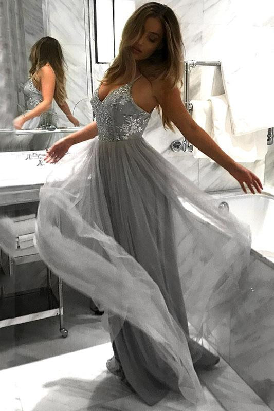 Charming Spaghetti Straps Grey A Line Tulle Long Prom Dress PDP69