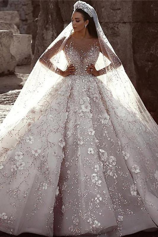 Luxurious Long Sleeves Flowers Ball  Gown Wedding Dress, Bridal Dresses PDQ25