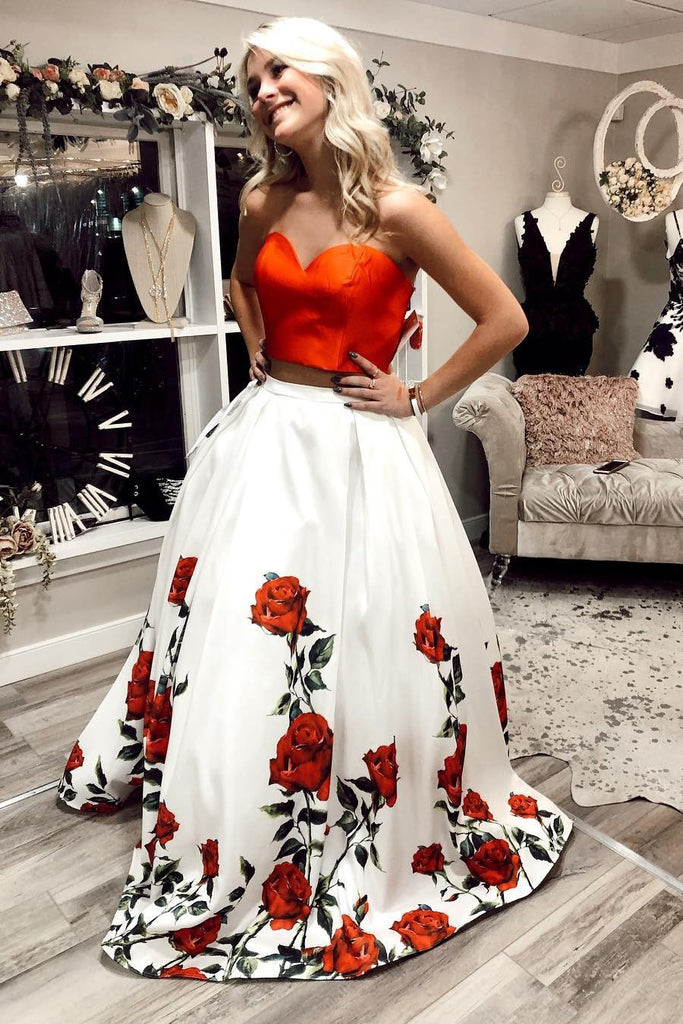 Charming Two Piece A Line Sweetheart Floral Long Prom Dress PDS3